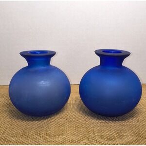 Cobalt‎ Blue Frosted Glass Vase Set  Handmade Flat Cut Bohemian Czech Art Glass